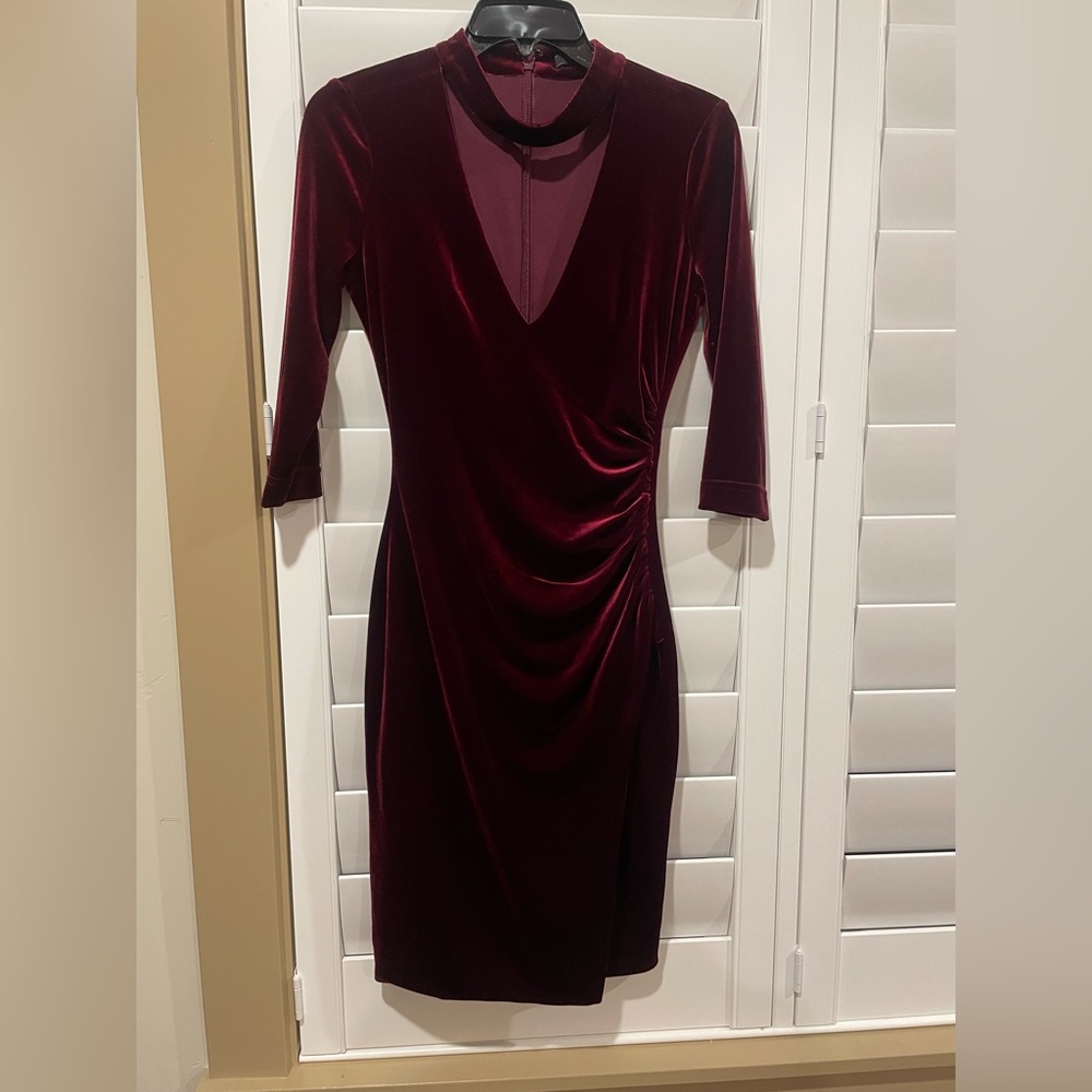BCBGMaxAzria Deep Red Velvet Long Sleeve Dress (1.10)